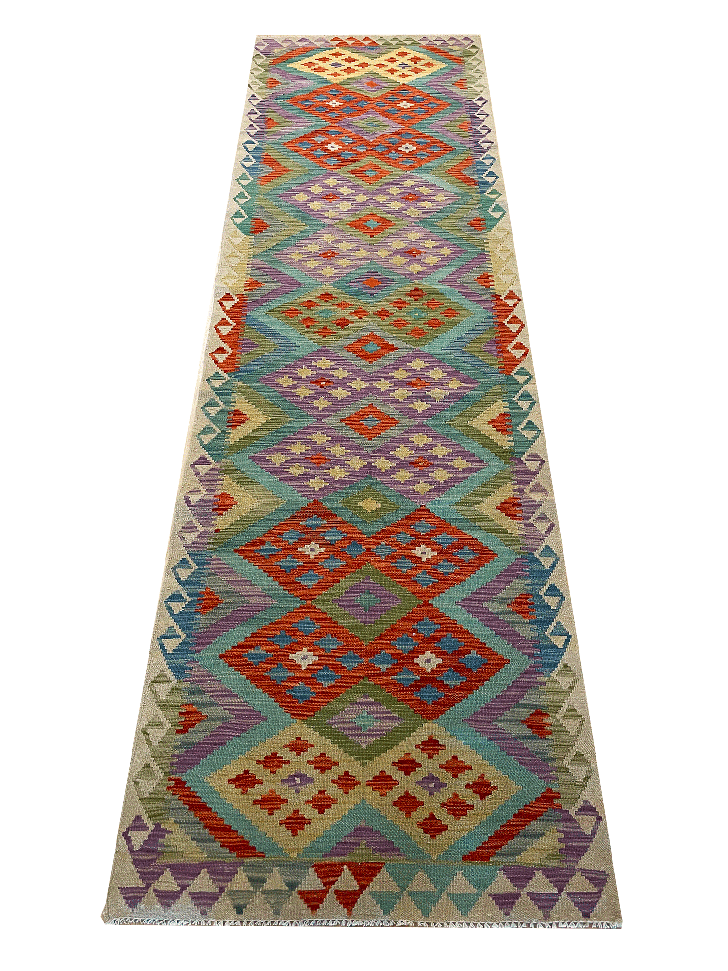 Runner Geometric Handmade Kilim Wool Area Rug in Blue/Green/Purple